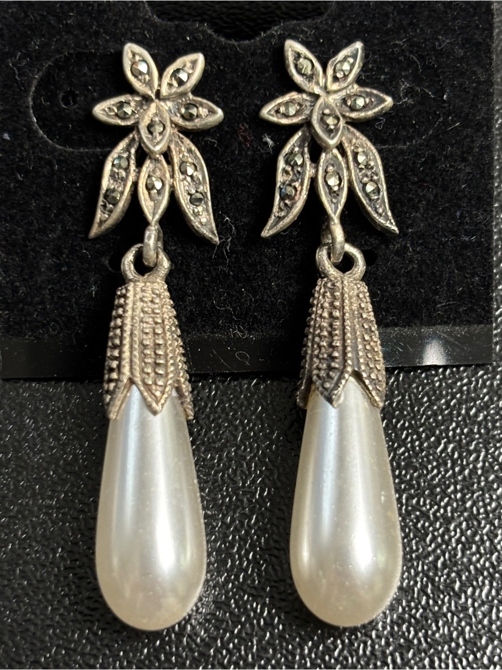 Vintage Sterling Silver 925 Dangle Earrings Floral Marcasite Faux Pearl 1-5/8" L